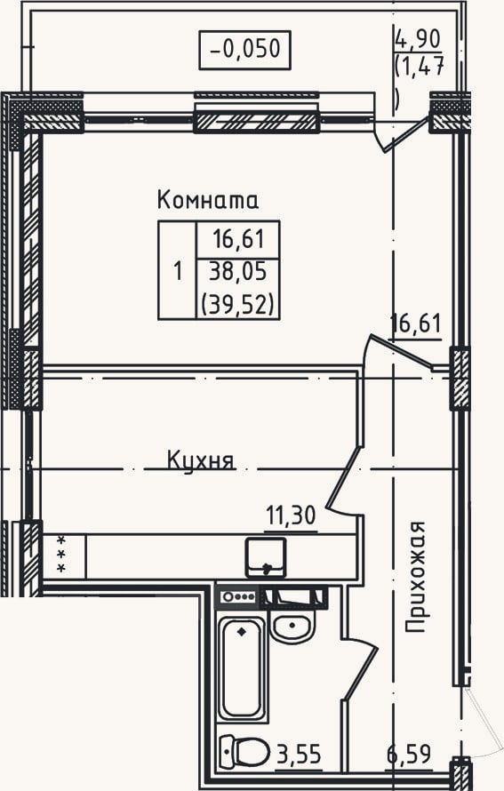 Планировка: 1-к, 38,1 м²