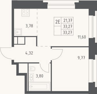Планировка: 2-к, 33,3 м²