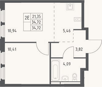 Планировка: 2-к, 34,7 м²