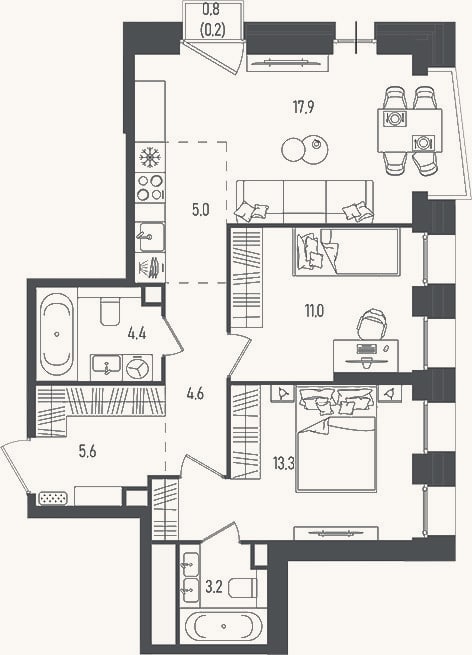Планировка: 3-к, 65 м²