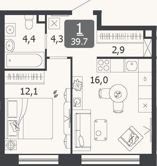 Планировка: 2-к, 39,7 м²