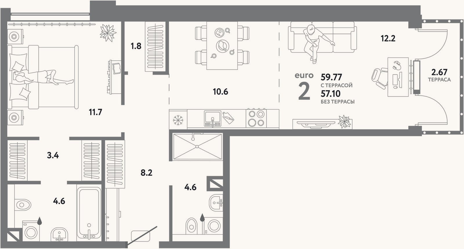 Планировка: 2-к, 60,1 м²