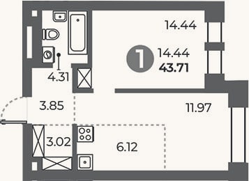 Планировка: 1-к, 43,7 м²