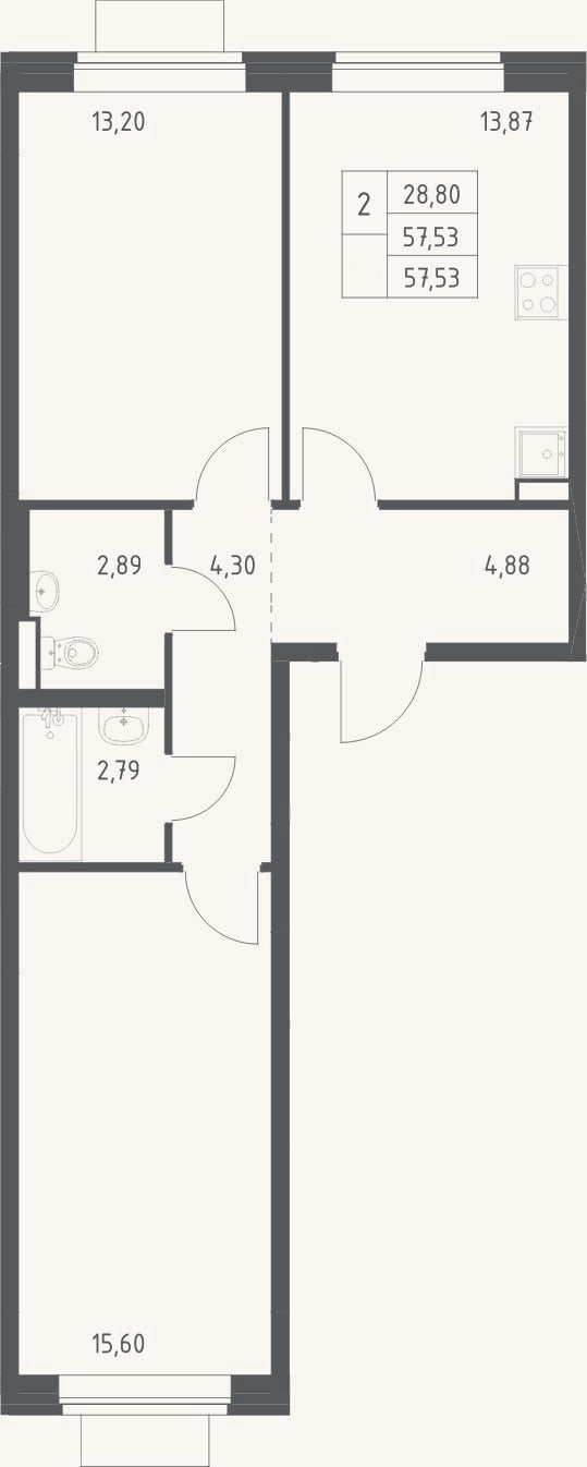 Планировка: 2-к, 57,5 м²