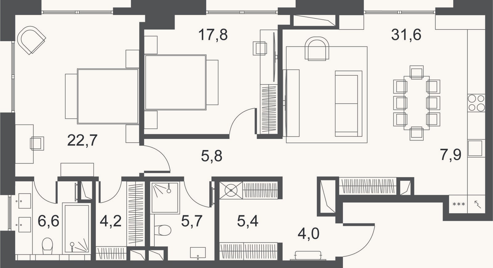 Планировка: 3-к, 111,6 м²