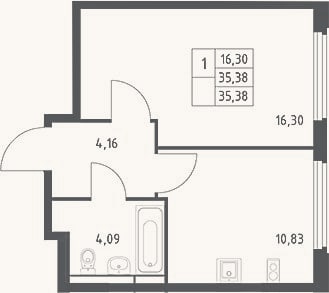 Планировка: 1-к, 35,4 м²