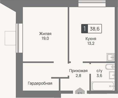 Планировка: 1-к, 38,6 м²