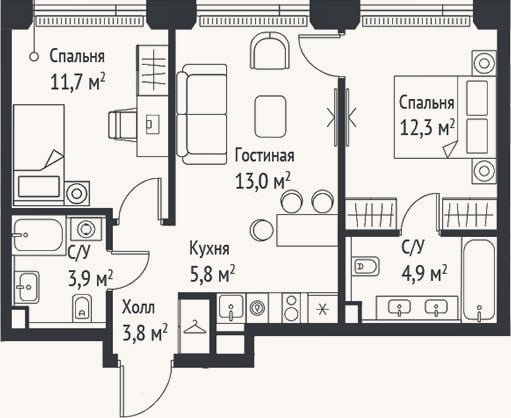 Планировка: 3-к, 55,4 м²