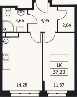 Планировка: 1-к, 37,2 м²