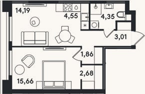 Планировка: 2-к, 46,3 м²