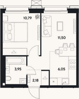 Планировка: 2-к, 34,5 м²