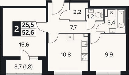 Планировка: 2-к, 50,8 м²