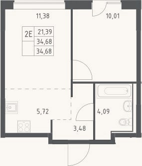 Планировка: 2-к, 34,7 м²