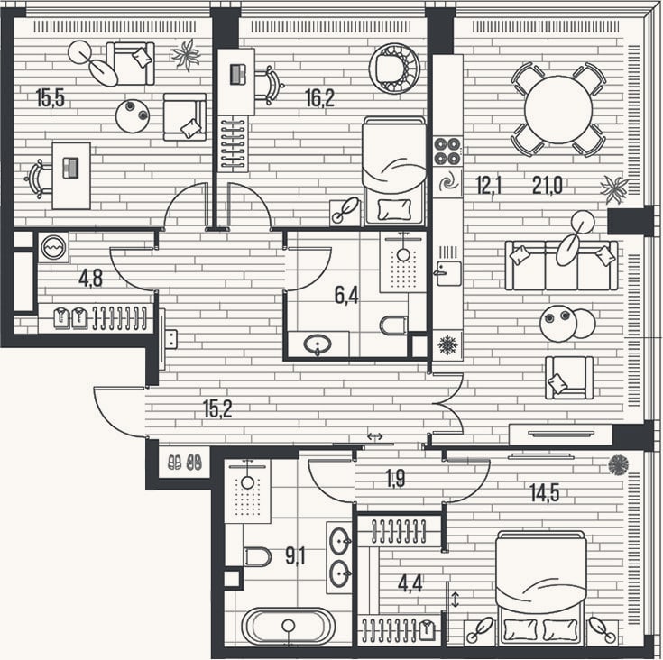 Планировка: 4+ к, 121,1 м²