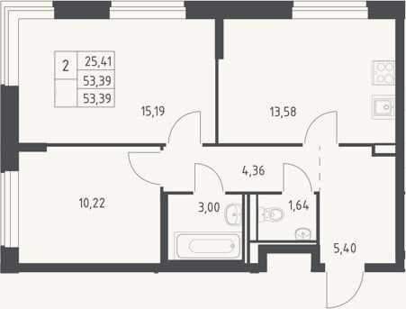 Планировка: 2-к, 53,4 м²
