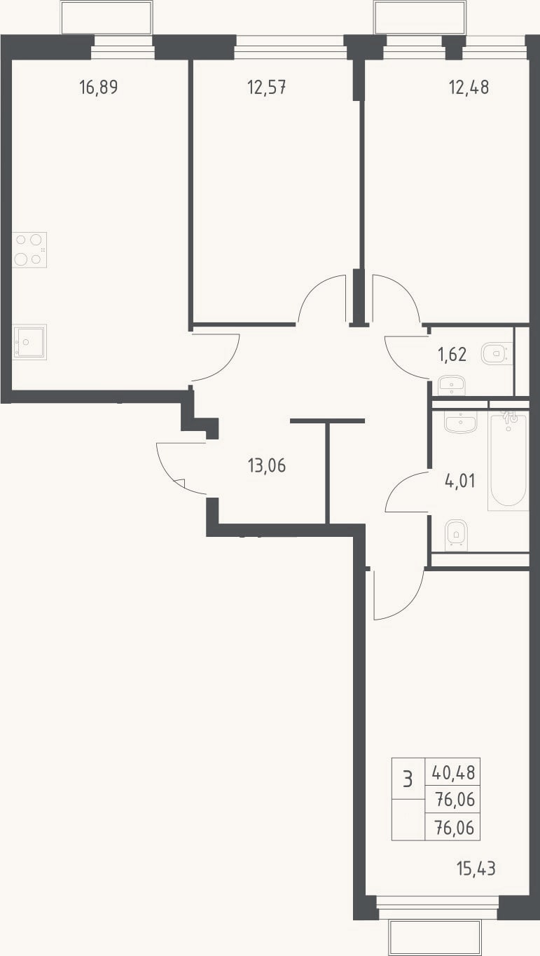 Планировка: 3-к, 76,1 м²