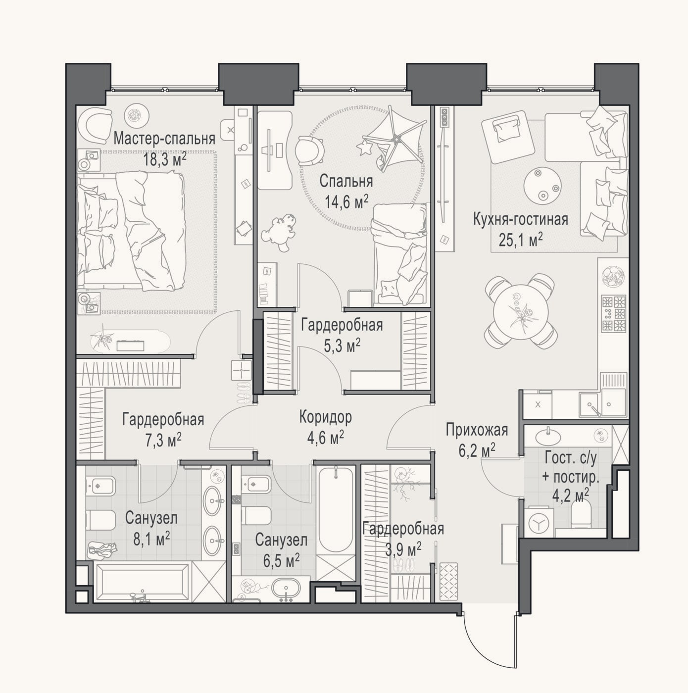 Планировка: 3-к, 104,7 м²