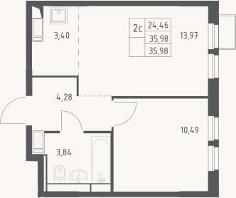Планировка: 2-к, 36 м²