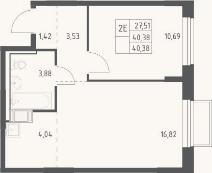 Планировка: 2-к, 40,4 м²