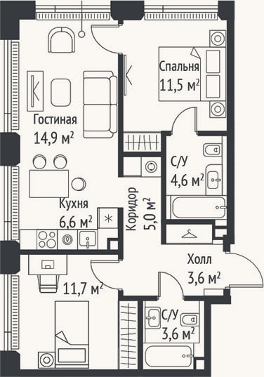 Планировка: 3-к, 61,4 м²