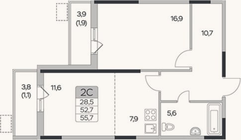 Планировка: 2-к, 52,7 м²