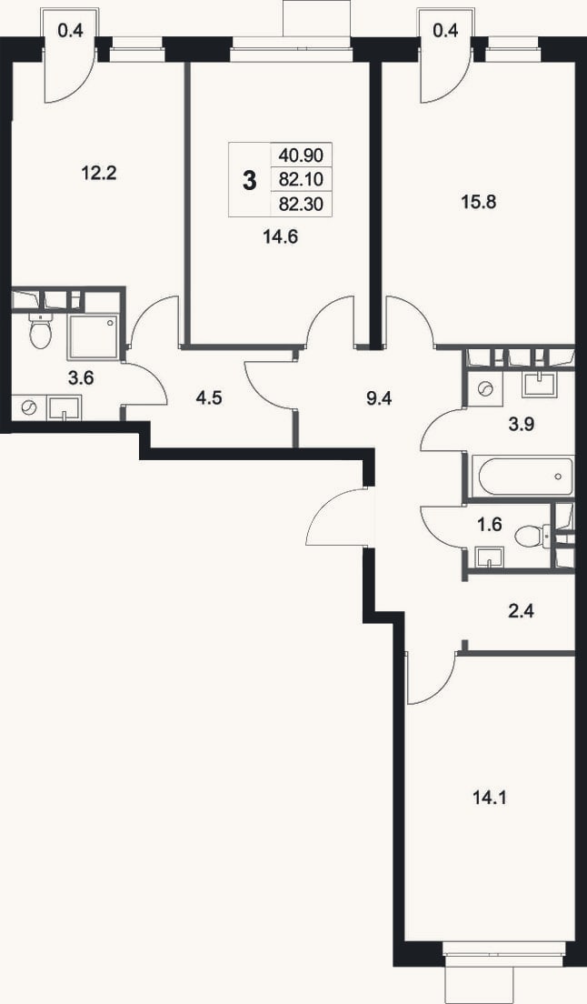 Планировка: 3-к, 82,1 м²