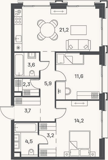 Планировка: 3-к, 70,2 м²