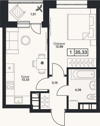 Планировка: 1-к, 34 м²