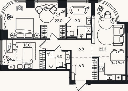 Планировка: 3-к, 83,7 м²