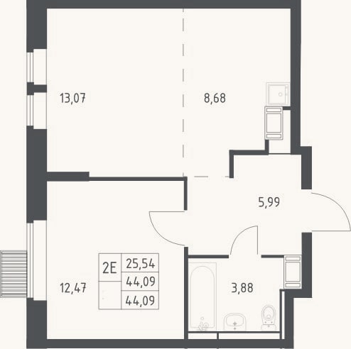 Планировка: 2-к, 44,1 м²