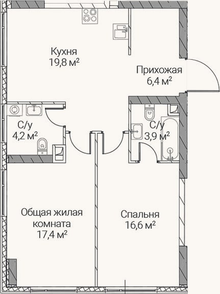 Планировка: 2-к, 68,3 м²