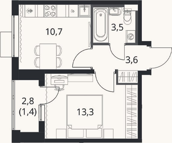 Планировка: 1-к, 31,1 м²