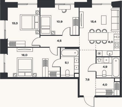Планировка: 4+ к, 85,4 м²