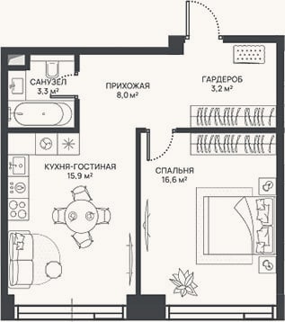Планировка: 2-к, 47 м²