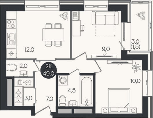 Планировка: 2-к, 47,5 м²