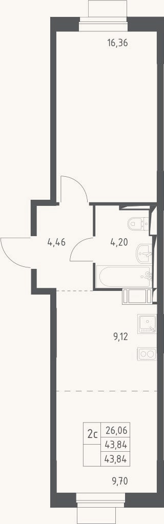 Планировка: 2-к, 43,8 м²