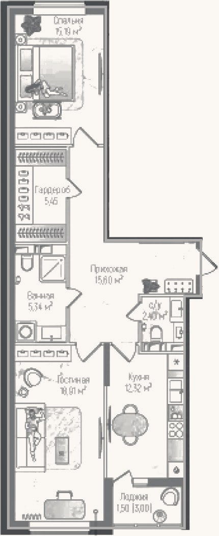 Планировка: 2-к, 75,2 м²