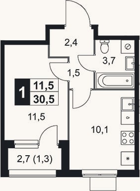 Планировка: 1-к, 29,2 м²