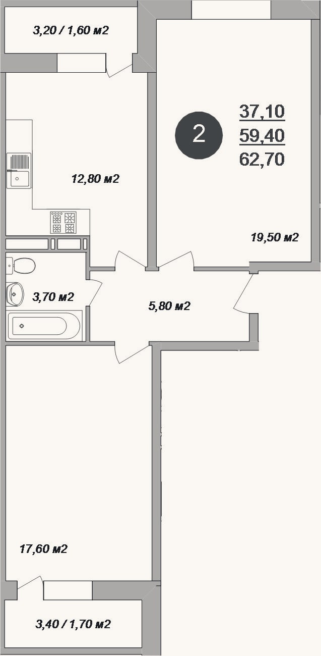 Планировка: 2-к, 59,4 м²
