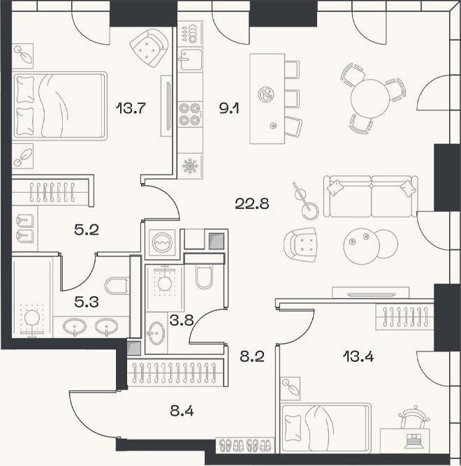 Планировка: 3-к, 90,8 м²