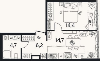 Планировка: 1-к, 40 м²