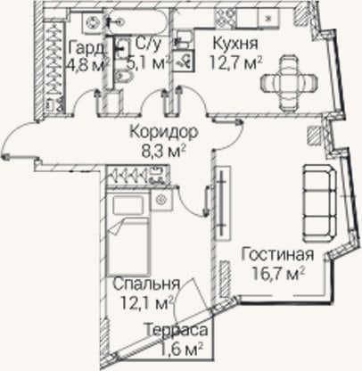 Планировка: 2-к, 58,5 м²