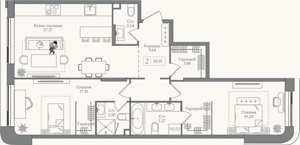 Планировка: 3-к, 88,5 м²