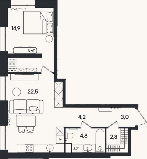 Планировка: 2-к, 52,2 м²