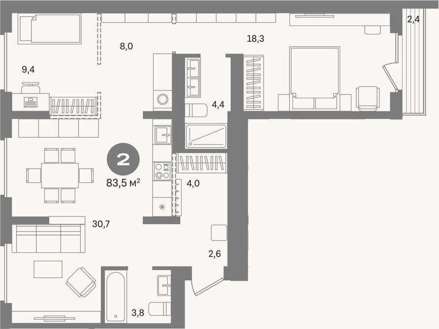 Планировка: 2-к, 81,1 м²