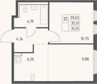 Планировка: 2-к, 35,1 м²