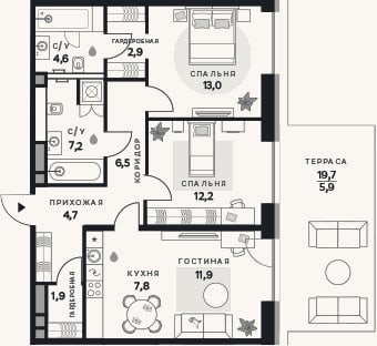 Планировка: 3-к, 72,7 м²