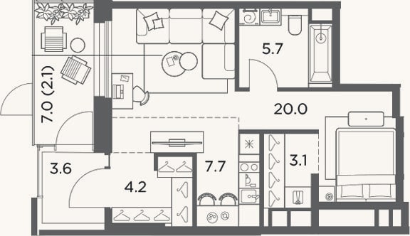 Планировка: Студия, 44,3 м²