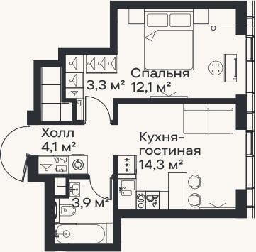 Планировка: 2-к, 37,7 м²