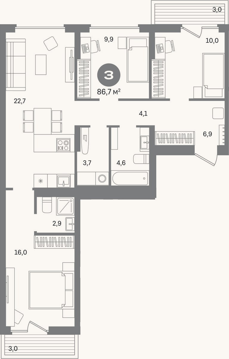 Планировка: 3-к, 80,7 м²